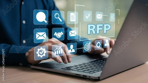 Person typing on laptop with rfp and business icons overlayed on the screen in a digital interface