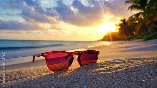 Wallpaper Mural Vibrant sunset over a tranquil beach, featuring sunglasses on sand with palm trees in background Torontodigital.ca