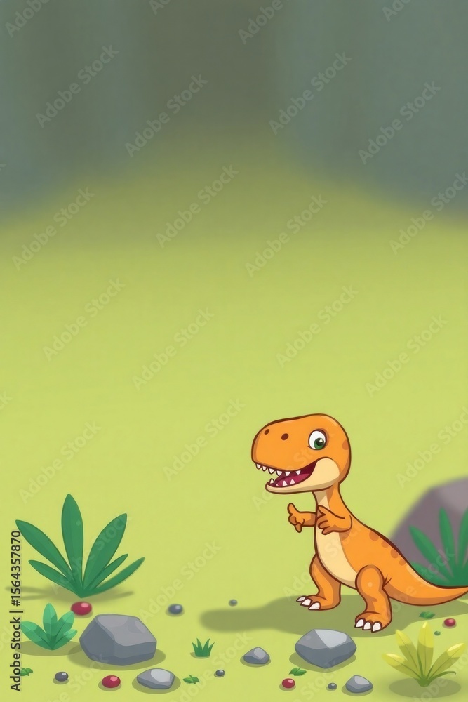 Fototapeta premium Cheerful Cartoon Dinosaur Gesturing on Green Field Background.