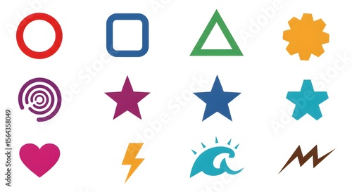 Colorful flat vector icons collection featuring basic geometric shapes like circles, squares, and triangles, plus modern symbols of hearts, stars, and waves.