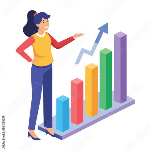 Isometric View of a Businesswoman Presenting a Bar Graph with a Skyrocketing Arrow Symbolizing Growth and Success