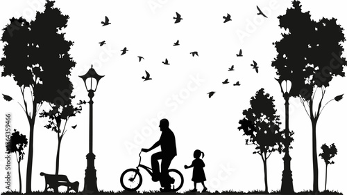 Silhouette of a man riding a bicycle with a child in a park with trees and birds flying around him