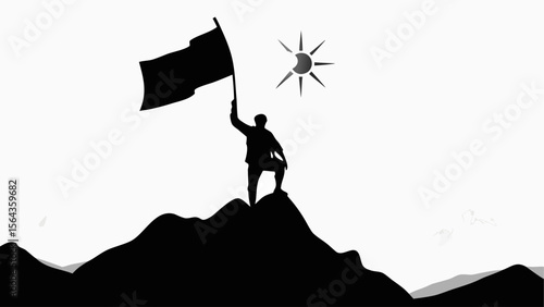 Silhouette of a person holding a flag on a mountain peak under a radiant sun in black and white style