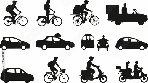Silhouette illustration showcasing diverse modes of transportation including bicycles and various cars