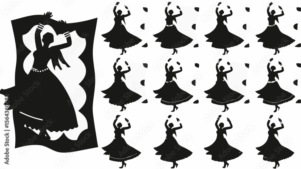 Silhouette artwork featuring dancing figures in various poses against a white background pattern design Silhouette artwork featuring dancing figures in various poses against a white background pattern design