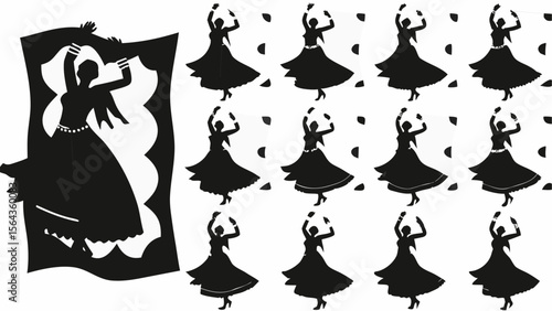 Silhouette artwork featuring dancing figures in various poses against a white background pattern design