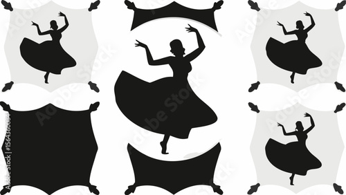 Silhouette of a woman dancing in a dress framed by decorative shapes in a repeating pattern design style