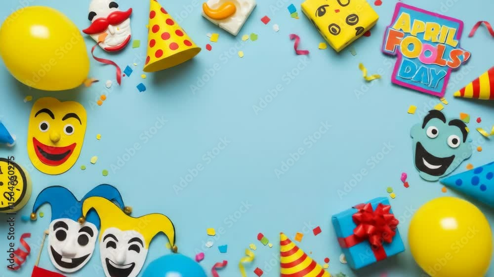 April Fool's Day Festive Background - A cheerful arrangement of party items on a light blue background, perfect for April Fool's Day. April Fool's Day Festive Background - A cheerful arrangement of party items on a light blue background, perfect for April Fool's Day.