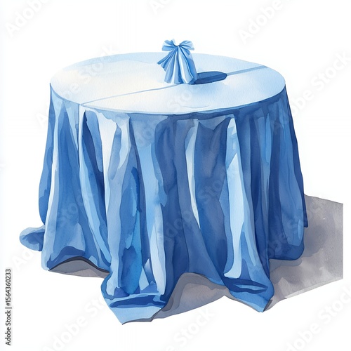 Watercolor Painting of Blue Tablecloth on Round Table