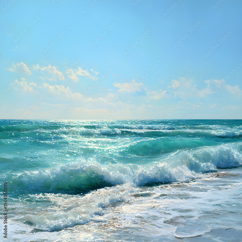 Fototapeta premium Infinite Turquoise: Capturing the Mesmerizing Dance of Ocean Waves Under Azure Skies with Shimmering Sunlit Crests