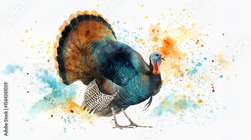 A vibrant turkey watercolor painting embodying the spirit of Thanksgiving with its colorful feathers and joyful