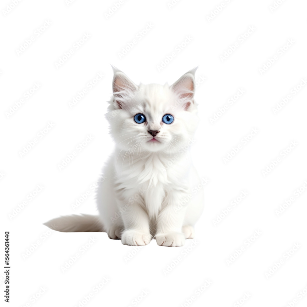 Fototapeta premium Cute kitten and cat with fluffy fur, sitting on a white background