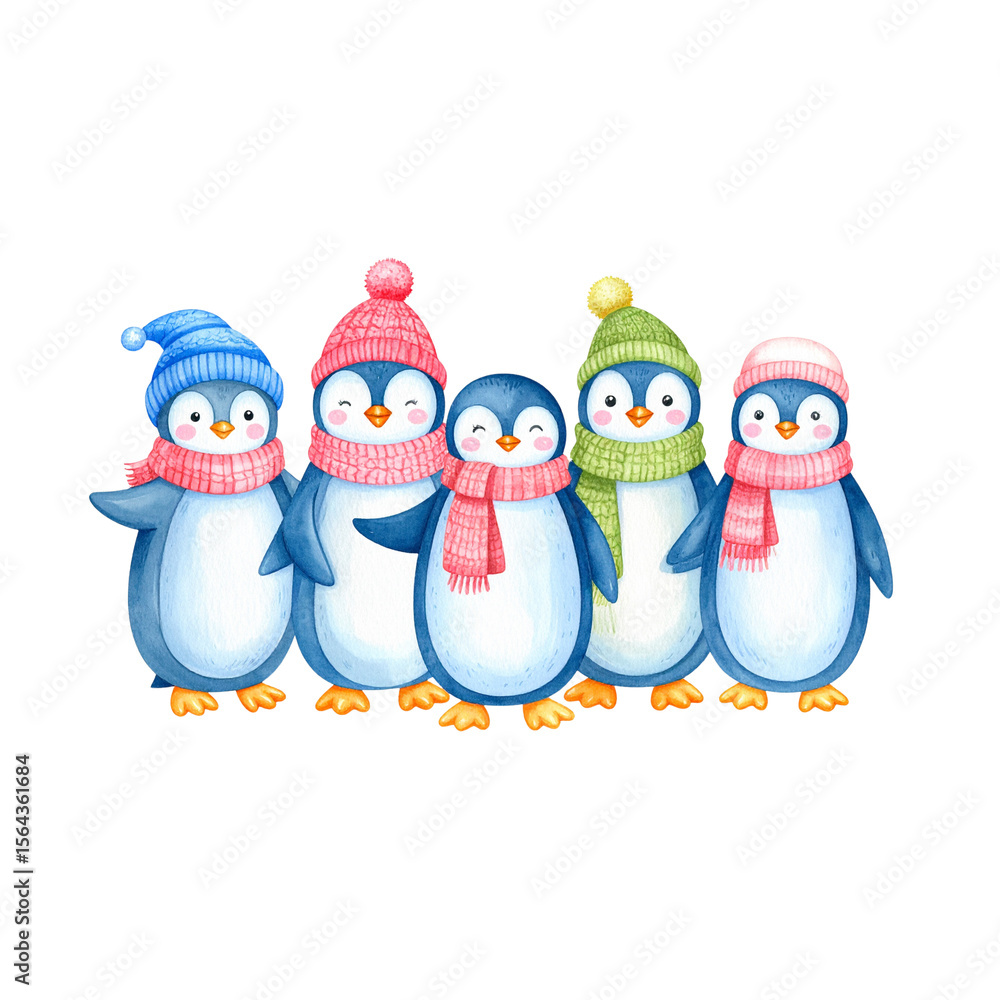 Fototapeta premium A funny cartoon illustration of cute penguins and a snowman celebrating Christmas by a festive winter tree, adorned with holiday decorations