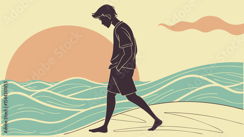 Young Man Walking Alone on Beach at Sunset – Reflection and Solitude Vector Scene