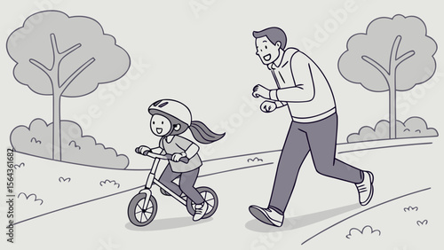 Father Teaching Daughter to Ride a Bicycle – Parenting and Milestone Vector Scene