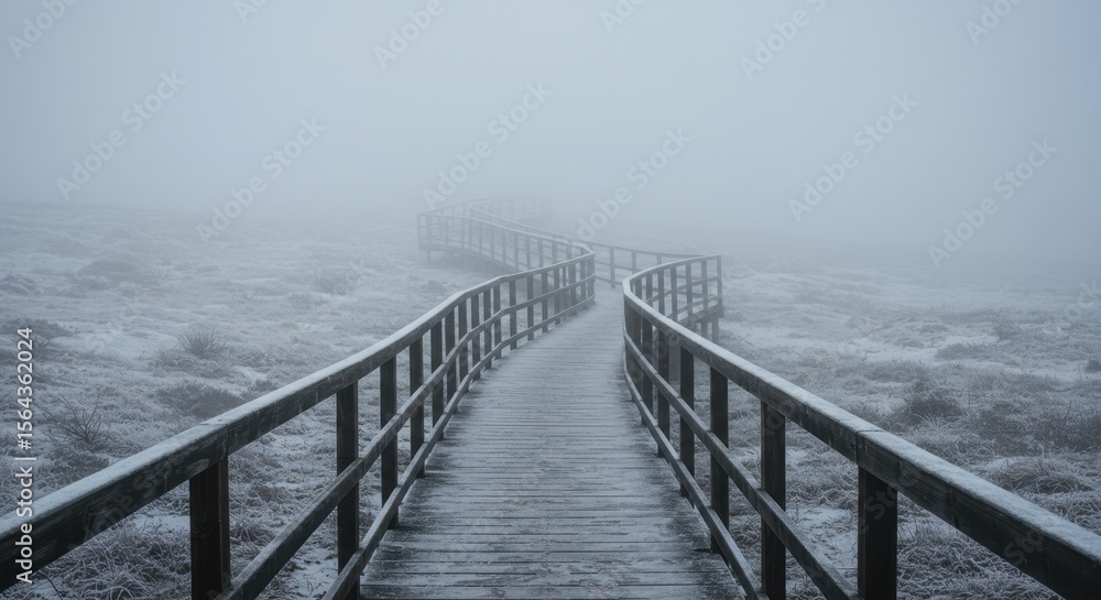 Fototapeta premium Serene wooden pathway winding through a foggy winter landscape, leading to an unknown destination