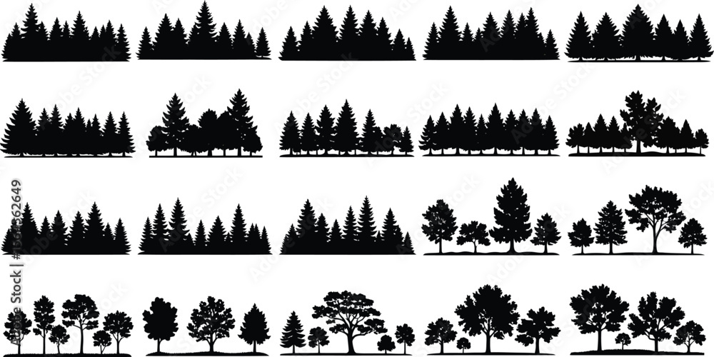 Collection of diverse black silhouette forest tree lines and natural landscape elements