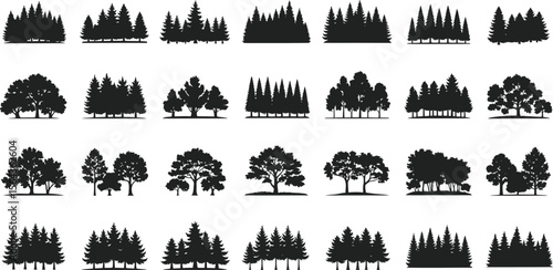 Collection of various black tree silhouettes including pine trees and deciduous trees on a white background