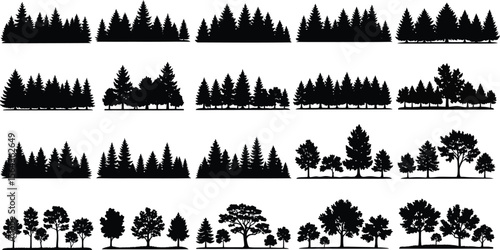 Collection of diverse black silhouette forest tree lines and natural landscape elements