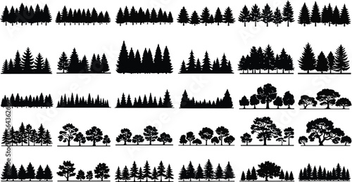 Collection of diverse black tree silhouettes including pine fir and deciduous trees in various forest arrangements