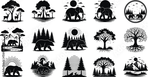 Collection of black silhouette wildlife and nature scenes with trees mountains elephants bears and deer