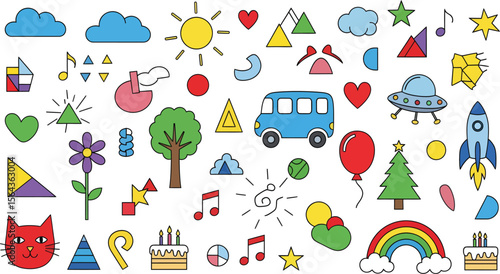 Collection of colorful cartoon icons for children including a bus rocket tree flower cat and rainbow