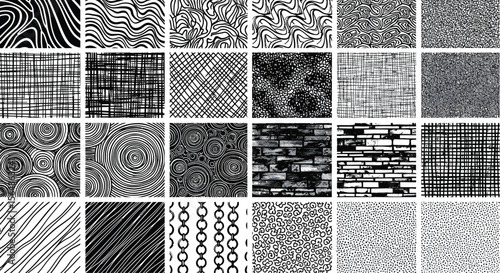Diverse collection of black and white abstract patterns and textures including lines waves circles and brickwork