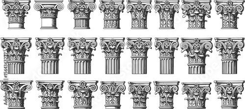 Collection of detailed black and white illustrations of various classical corinthian column capitals