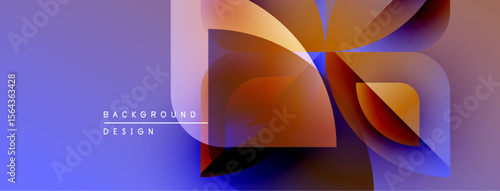 Abstract shapes overlap, creating vibrant color gradients. Purple background complements orange, yellow hues. Modern design element.
