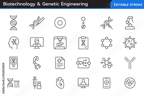 A set of editable line icons related to Biotechnology & Genetic Engineering. This vector file contains fully editable stroke lines for easy customization