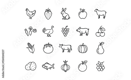 Collection of Farm Animals and Produce Icons in Black Outline Style.