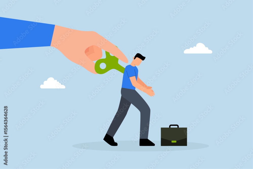 manager big hand turn wind up key to motivate businessman office worker. manager big hand turn wind up key to motivate businessman office worker.