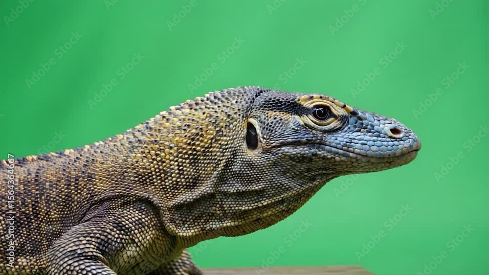 Komodo dragon profile against green screen Komodo dragon profile against green screen