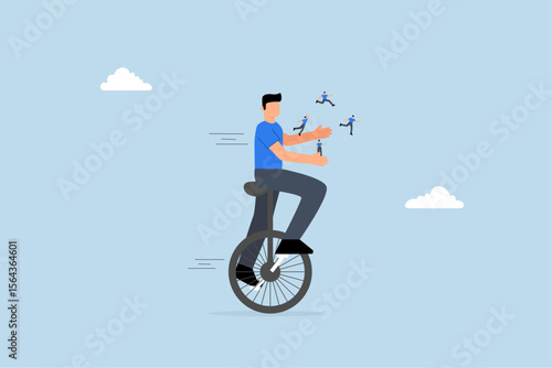 businessman manager riding Unicycle balance, juggling team members diversify people.