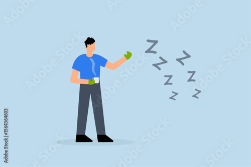 awake businessman drinking coffee and wearing boxing gloves to fight lazy sleepy symbol.