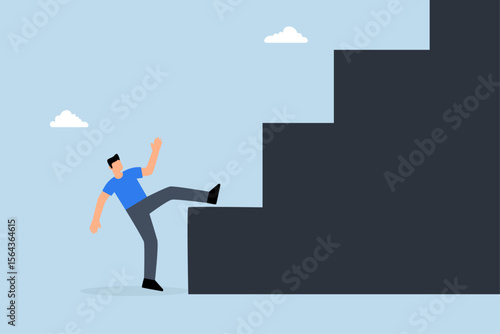 entrepreneur diligently striving with utmost determination to ascend  large step staircase.