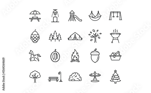 Collection of simple line art icons depicting outdoor recreational activities and park elements.