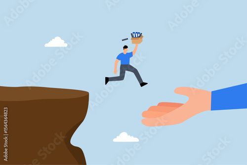 bold confident businessman carrying jumping off cliff into the hands of helping giant.