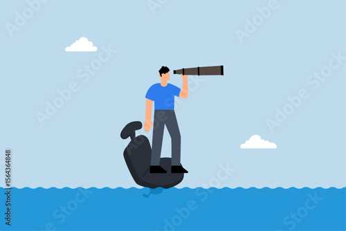 lonely businessman standing on reclining office chair in near future.