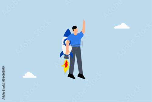 businessman flying high with jetpack rocket booster.