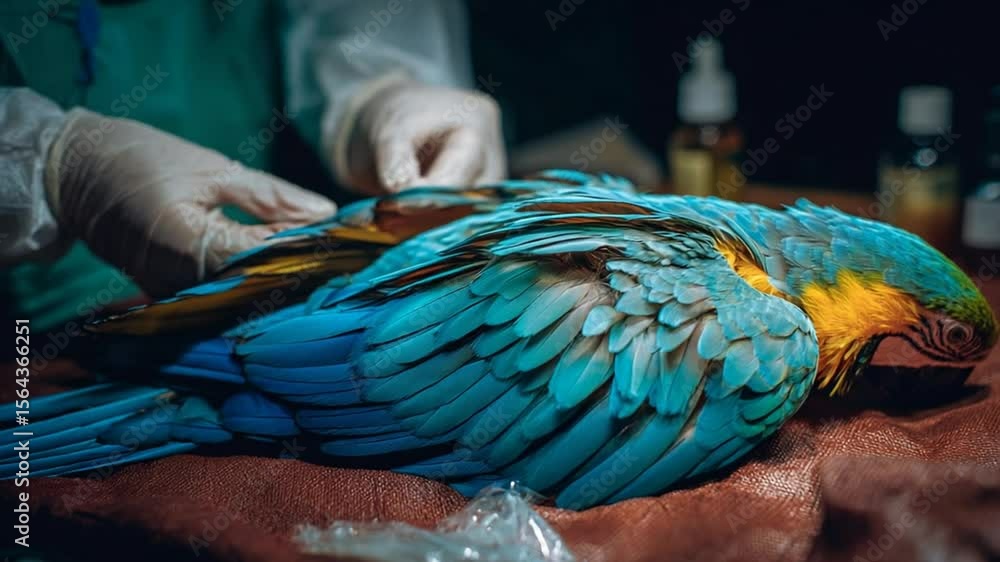 Veterinarian caring for a blue-and-yellow macaw parrot in a clinic ...