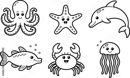 Cartoon Sea Creatures Octopus Starfish Dolphin Fish Crab Jellyfish