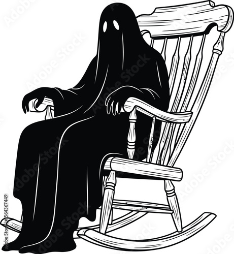 A black ghost sitting in a rocking chair on a white isolated background