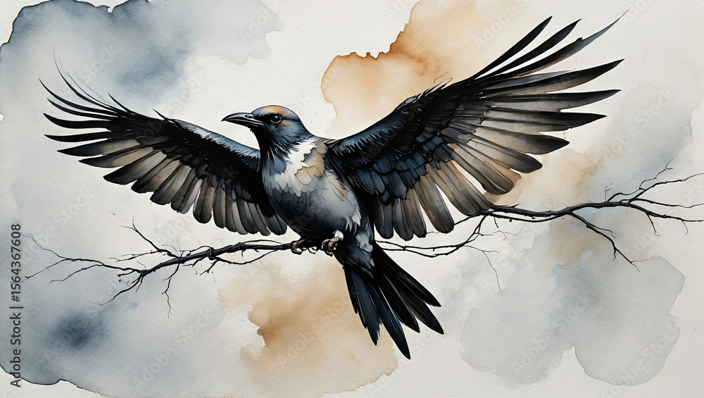 Fototapeta premium A striking bird with wide, outstretched wings is perched on a branch, surrounded by soft watercolor textures in shades of blue and brown, evoking a serene atmosphere