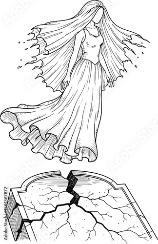 Illustration of a ghost floating above a cracked tombstone in black and white