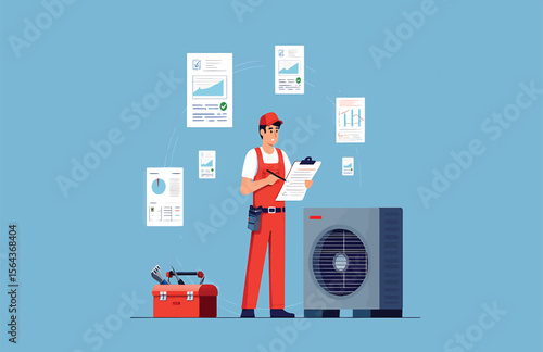 HVAC Technician Reviewing System Data and Reports