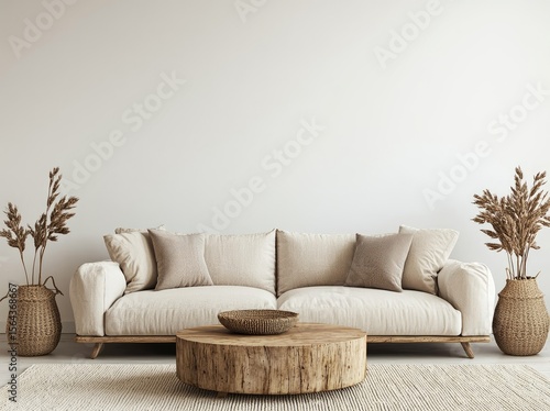 Elegant beige living room with minimalist sofa, rustic wooden coffee table, dried plant decor, and neutral tones, ideal for home interior projects, design mockups, and lifestyle visuals
