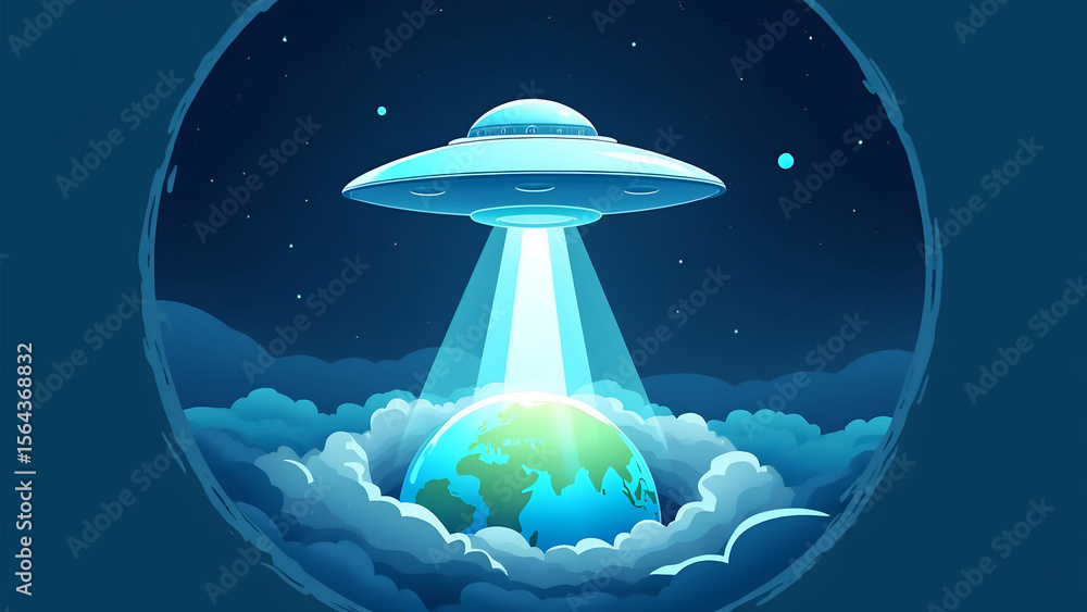Illustration of a UFO beaming down to earth amidst clouds, set against starry skies, conveying science fiction or fantasy theme Illustration of a UFO beaming down to earth amidst clouds, set against starry skies, conveying science fiction or fantasy theme
