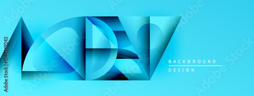 Abstract blue shapes overlap, creating dynamic composition. Modern design elements suggest technology, innovation, sleekness. Background features text labels.