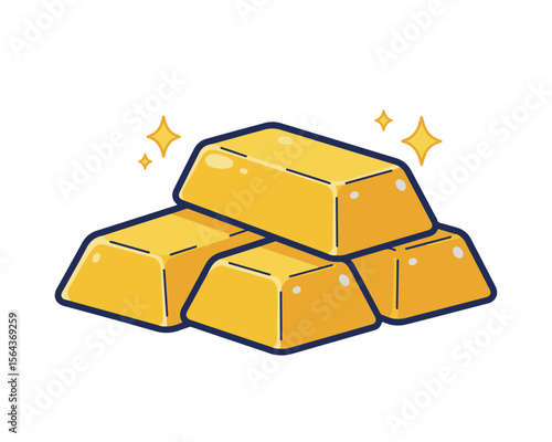 Stack of Shining Gold Bars with Blue Outline.  Illustration of four shining gold bars with blue outlines and sparkles, symbolizing wealth, investment, or luxury.